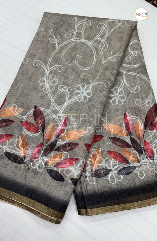 Officewear Printed Linen Cotton Saree-Light Grey