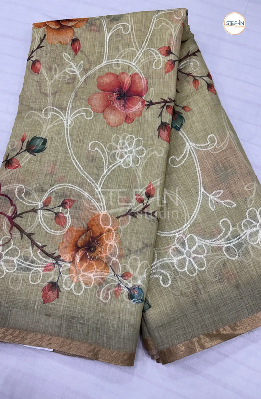 Officewear Printed Linen Cotton Saree-Pastel Green