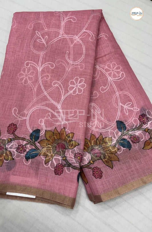 Officewear Printed Linen Cotton Saree-Rose Pink