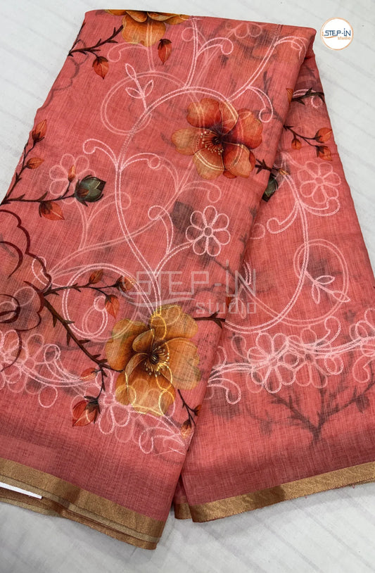 Officewear Printed Linen Cotton Saree-Rust Orange