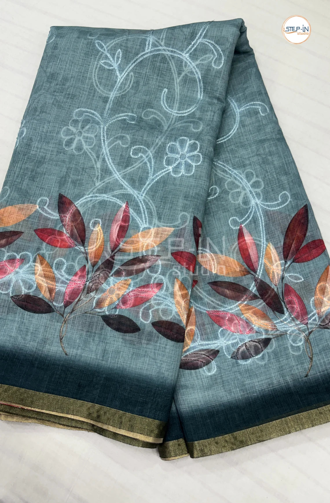 Officewear Printed Linen Cotton Saree-Sea Blue