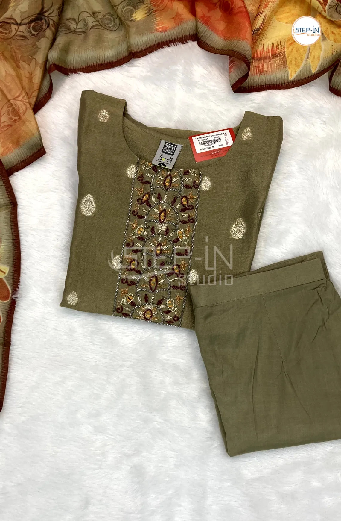 Paisley Embroiderd and Stone Work Tissu Kurta With Straight pant & Contrast Digital Print Dupatta-Sardine Grey