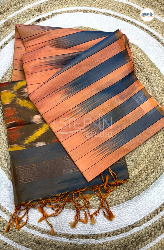 Peach & Grey Floral Striped Design Soft Silk Saree With Contrast Blouse & Ikat Design Pallu