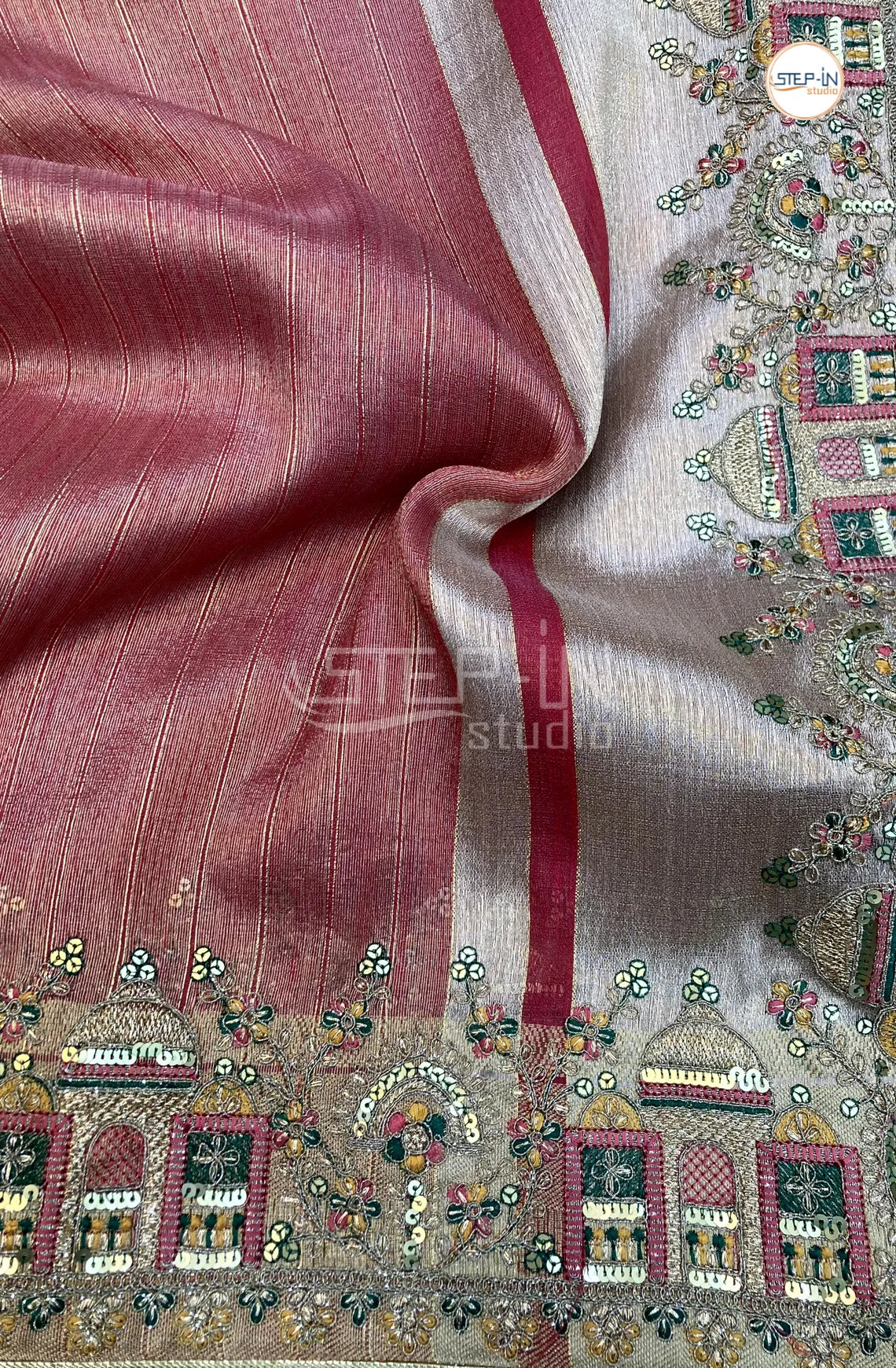 Pink Striped Design Partwear Tissu Saree With Zari and Jamki Work Pallu and jamki Work Border & Contrast Blouse