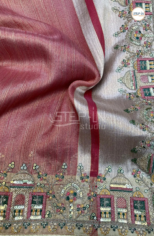 Pink Striped Design Partwear Tissu Saree With Zari and Jamki Work Pallu and jamki Work Border & Contrast Blouse