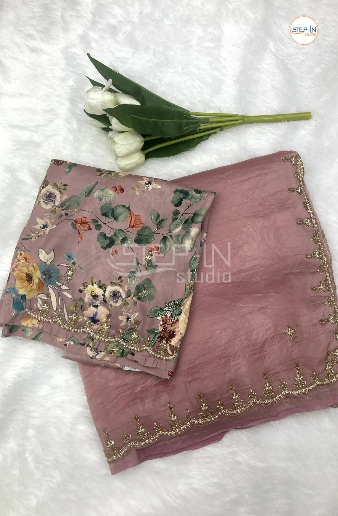 Pink Tissu Saree With Jamki Border and Pallu & Printed Blouse