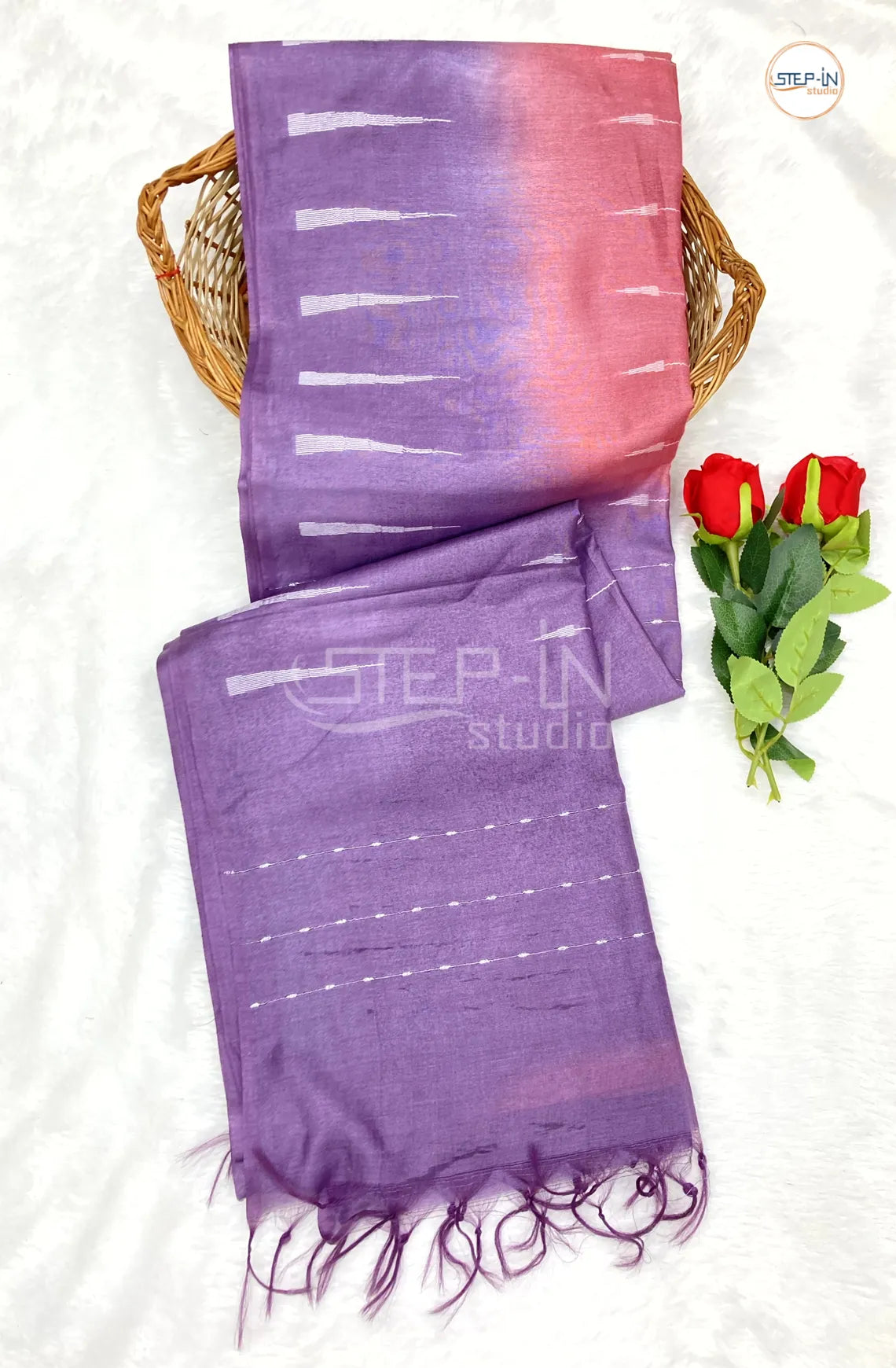 Pink & Lavender Blue Ikat design Saree With Ikat Design Contrast Pallu and Border & Contrast Blouse
