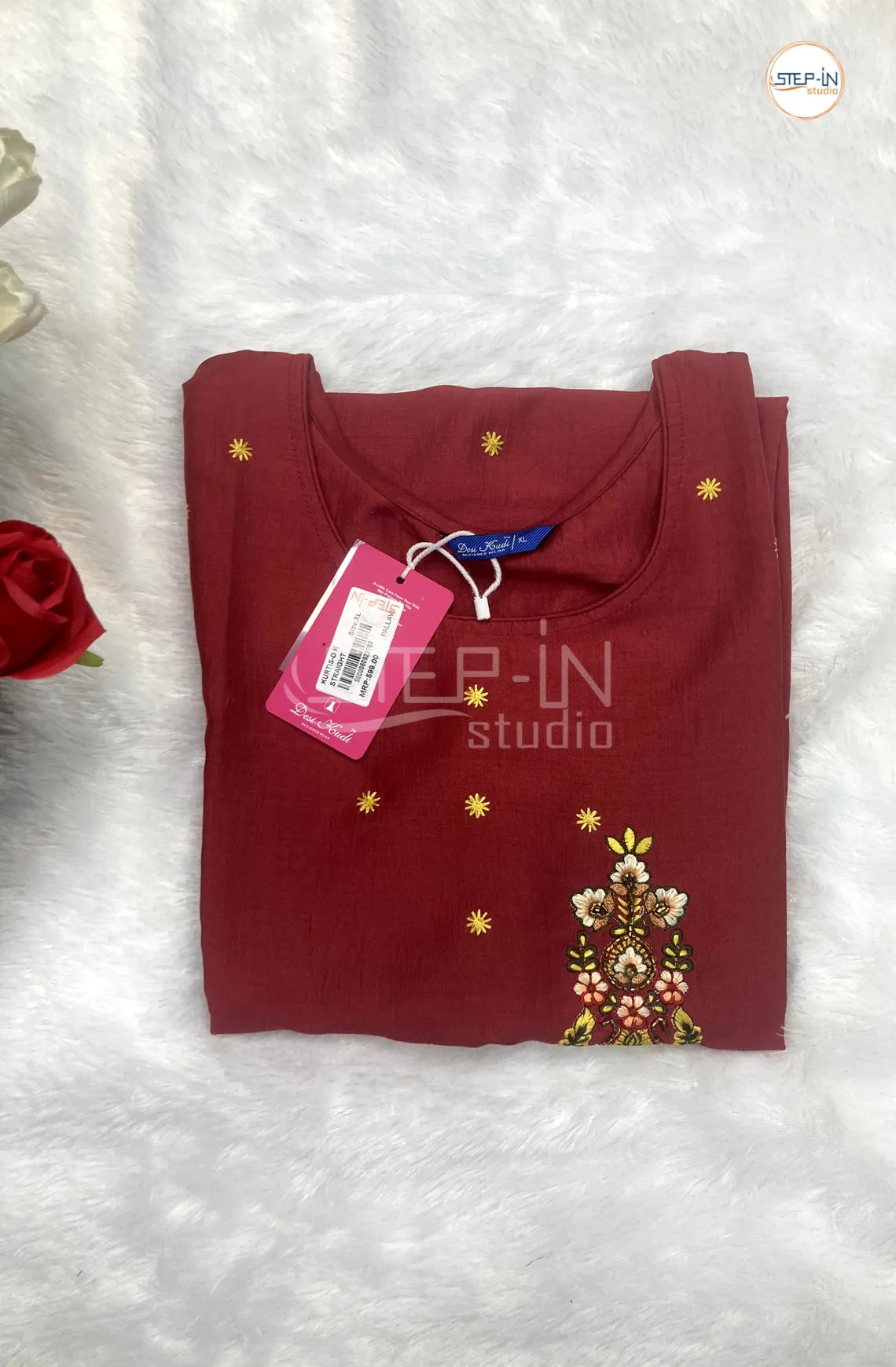 Plain Color Stone Work Top - Sherry Red