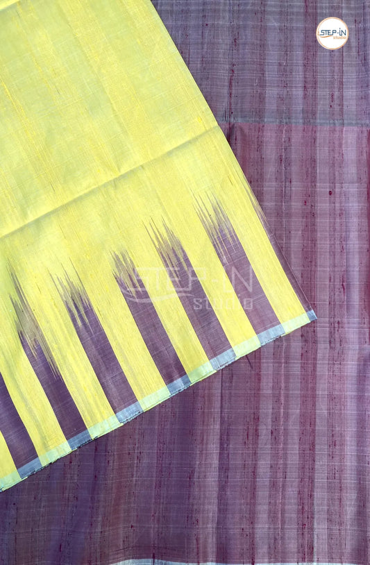 Plain Raw Soft Silk Saree With Contrast Boluse and Pallu - Lime Yellow & Maroon