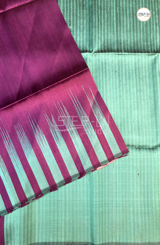 Plain Raw Soft Silk Saree With Contrast Boluse and Pallu - Magenta & Mint Green