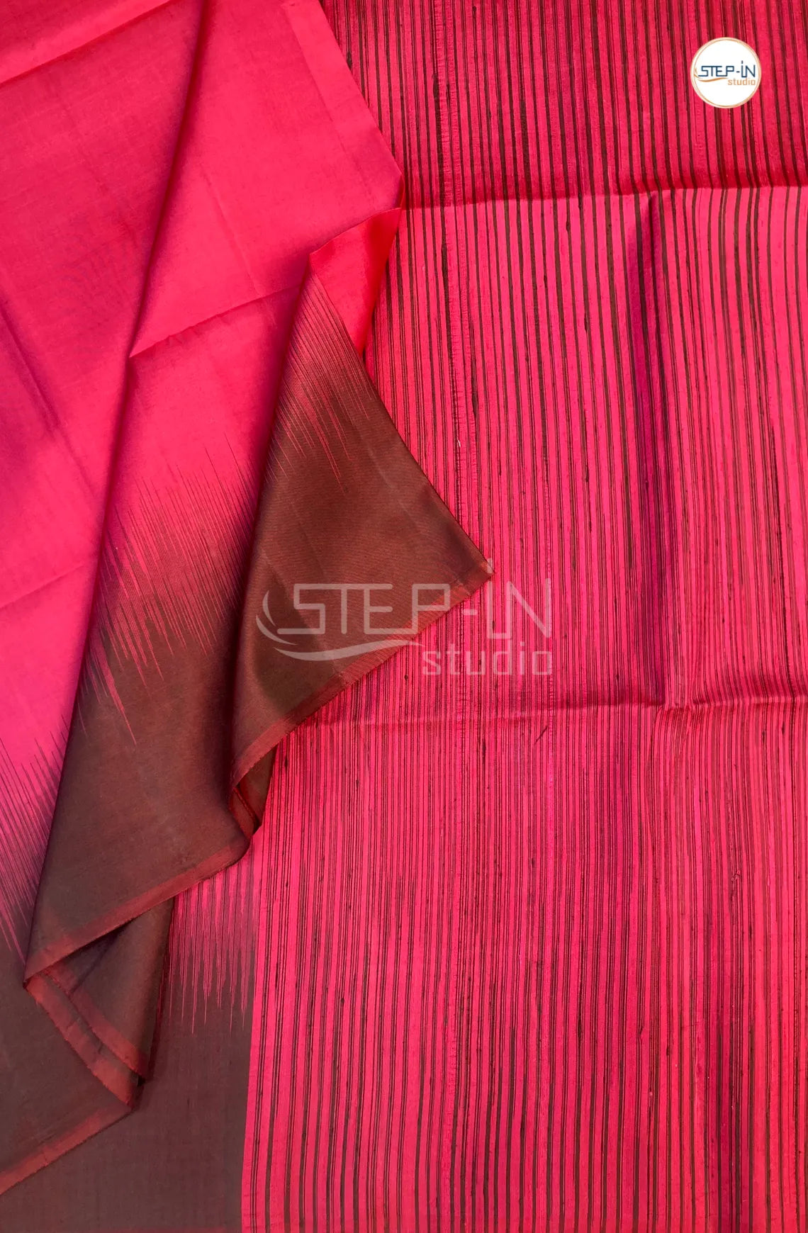 Plain Raw Soft Silk Saree With Contrast Boluse and Pallu - Pink & Brown