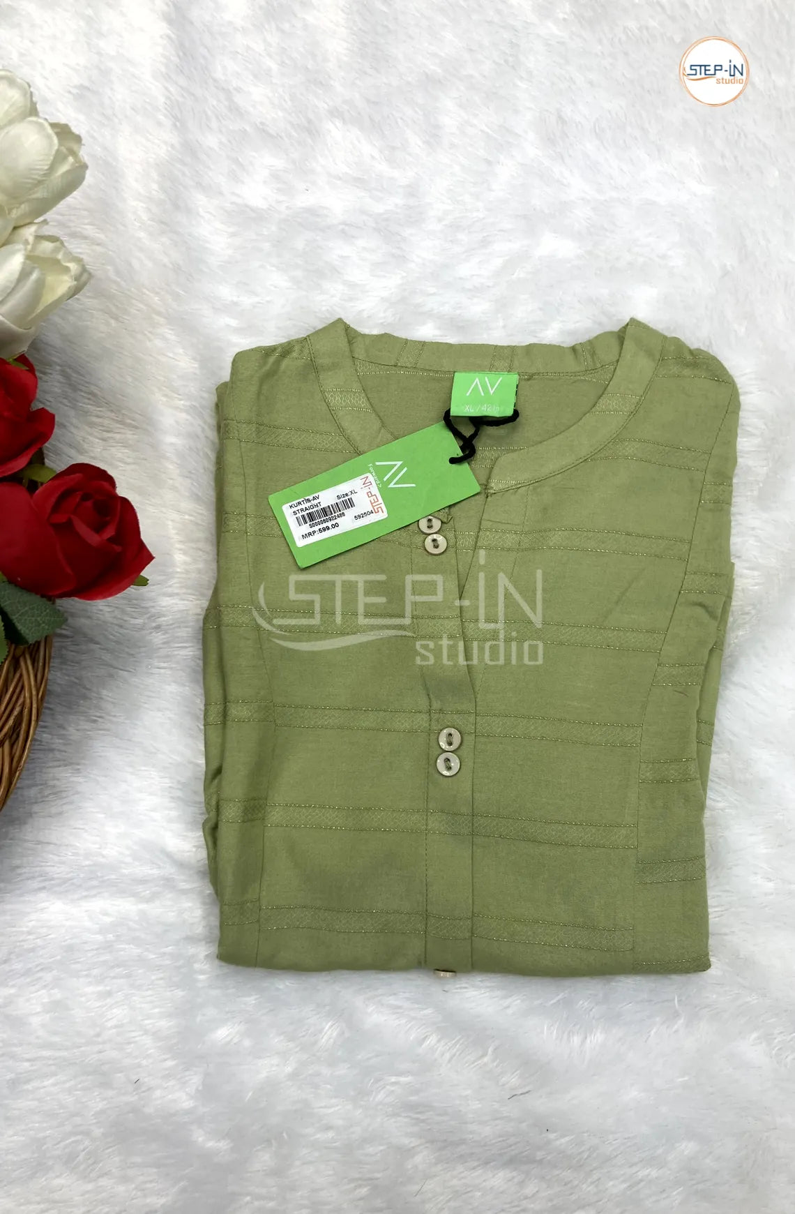 Plain Striped Mandarin Collor Top - Dark Pista Green