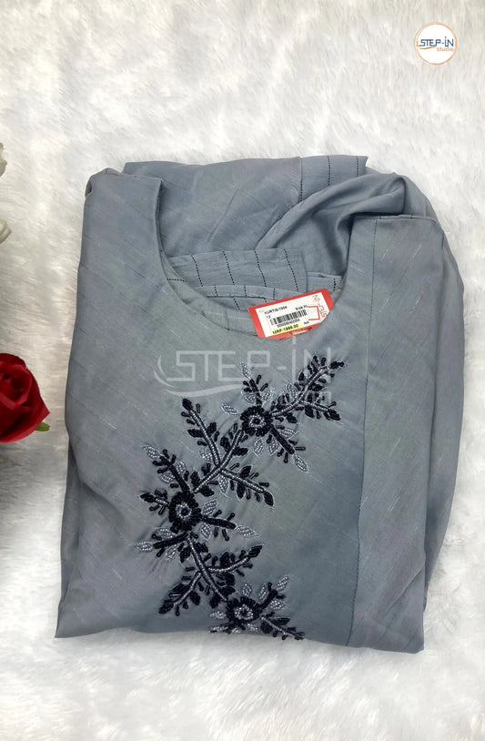 Plain Color Flower Embroiderd  Top - Grey