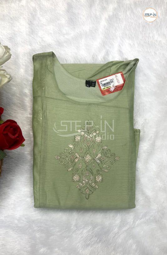 Plain Color Gold Neck Embroiderd Work Top - Pista Green