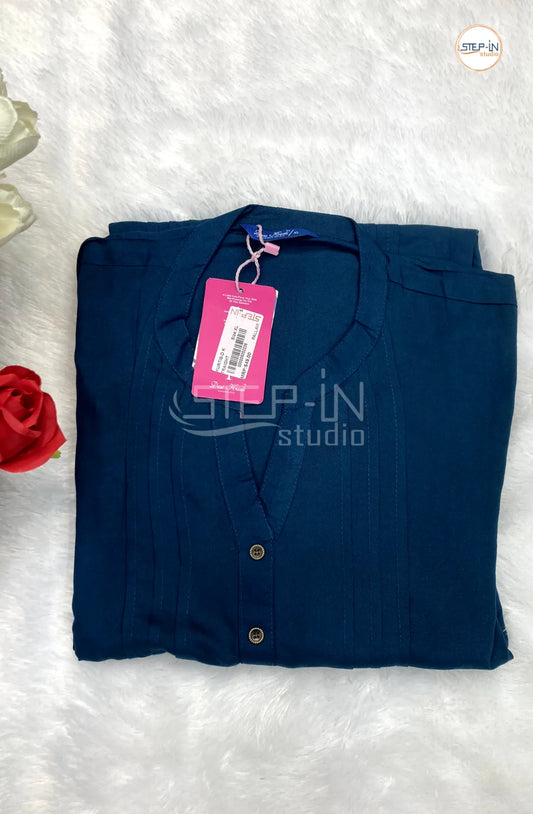 Plain Color Mandarin Collor Top - Navy