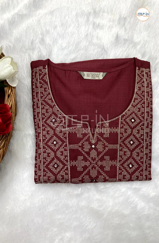 Plan Neck Embroidered Top - Maroon