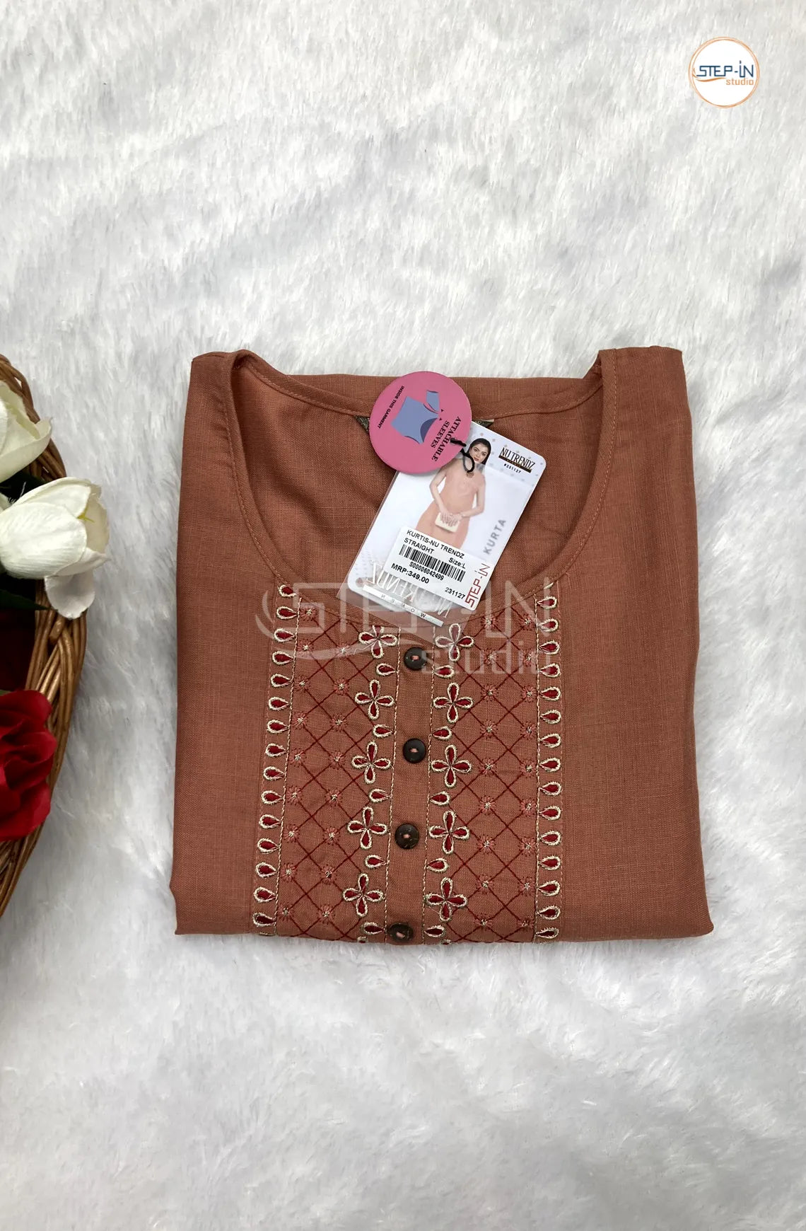 Plan Embroiderd Neck Cotton Top - Brownish