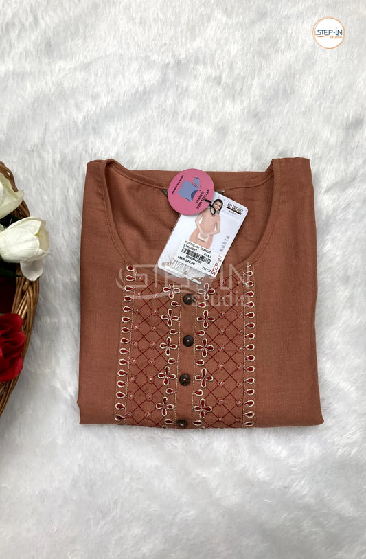 Plan Embroiderd Neck Cotton Top - Brownish