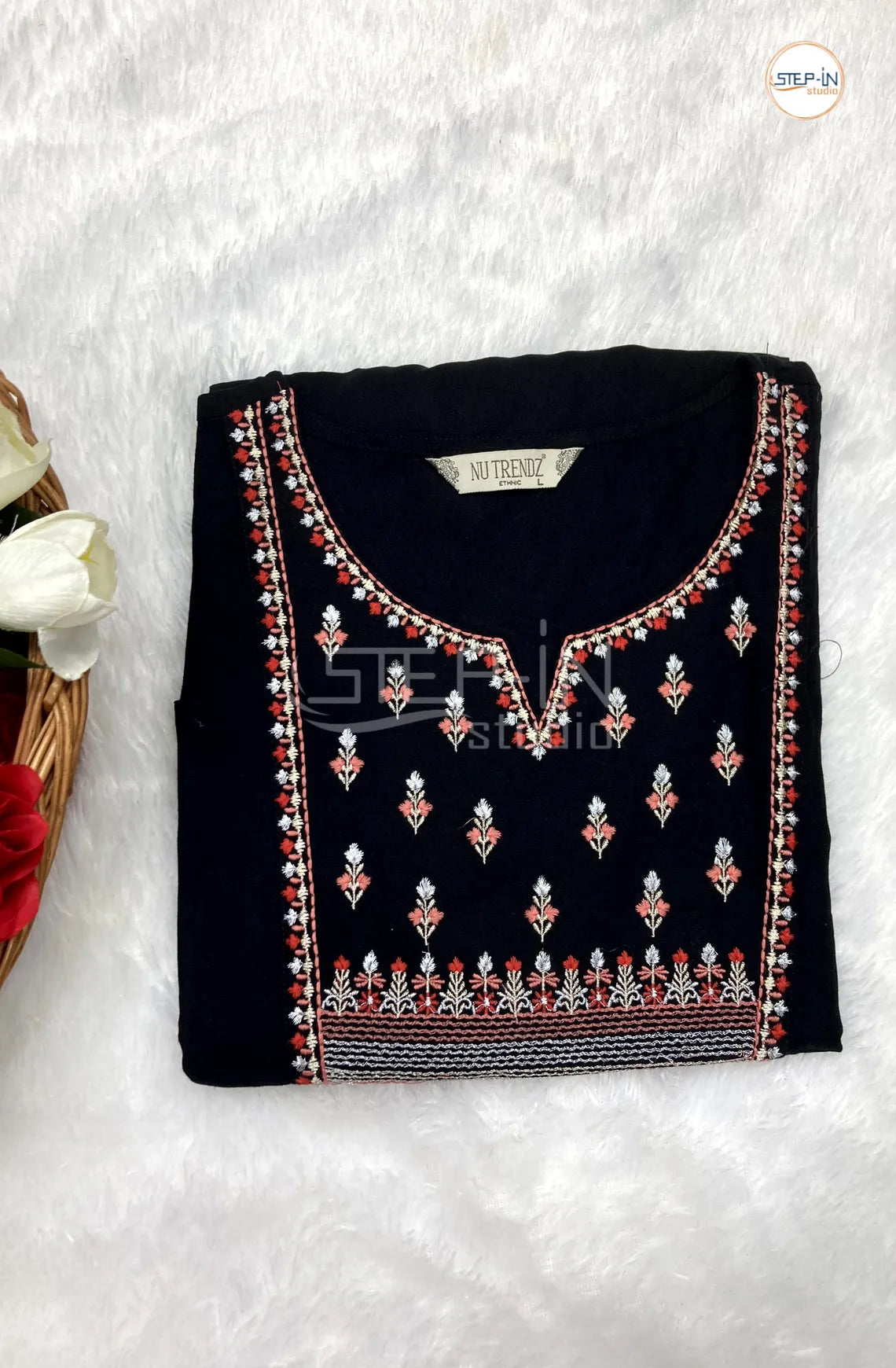 Plan Embroiderd Neck Top - Black &  Silver Gray