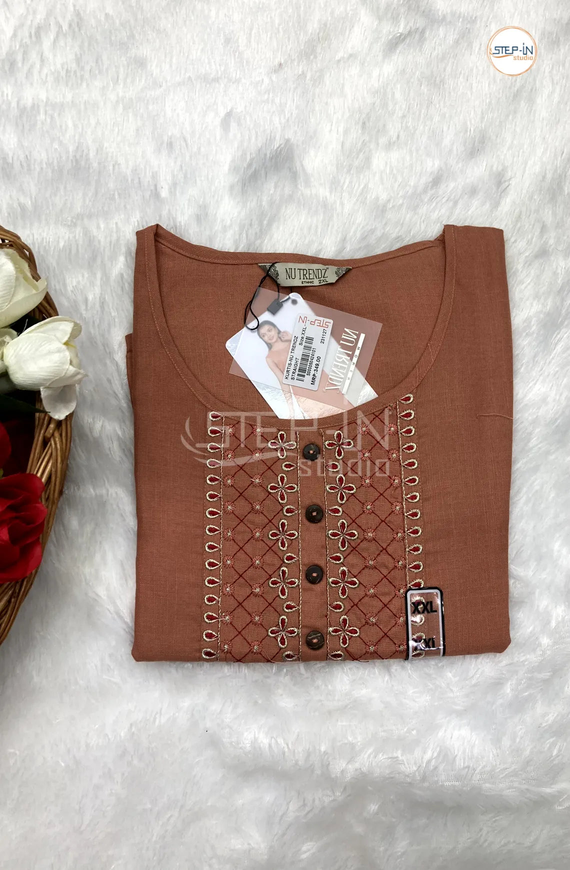 Plan Embroiderd Neck Work Top - Copper