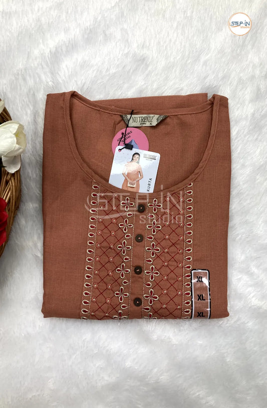 Plan Neck Design Cotton Top - Light Brown