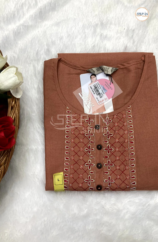 Plan Neck Embroiderd Top - Mocca Red