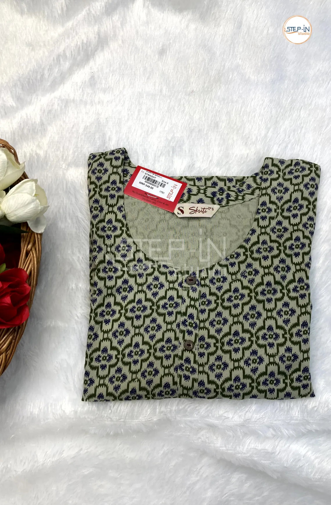 Printed Cotton Top-Bottle Green