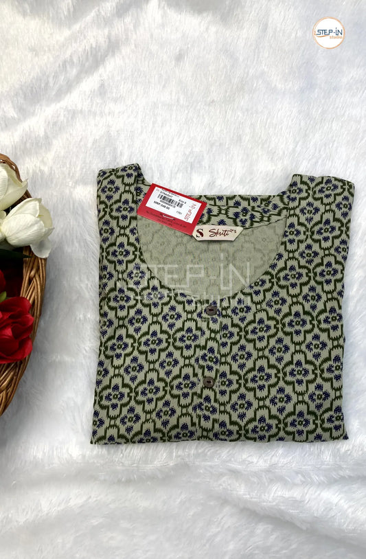 Printed Cotton Top-Bottle Green