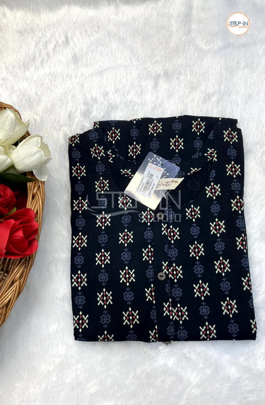 Printed Cotton Top - Navy Blue