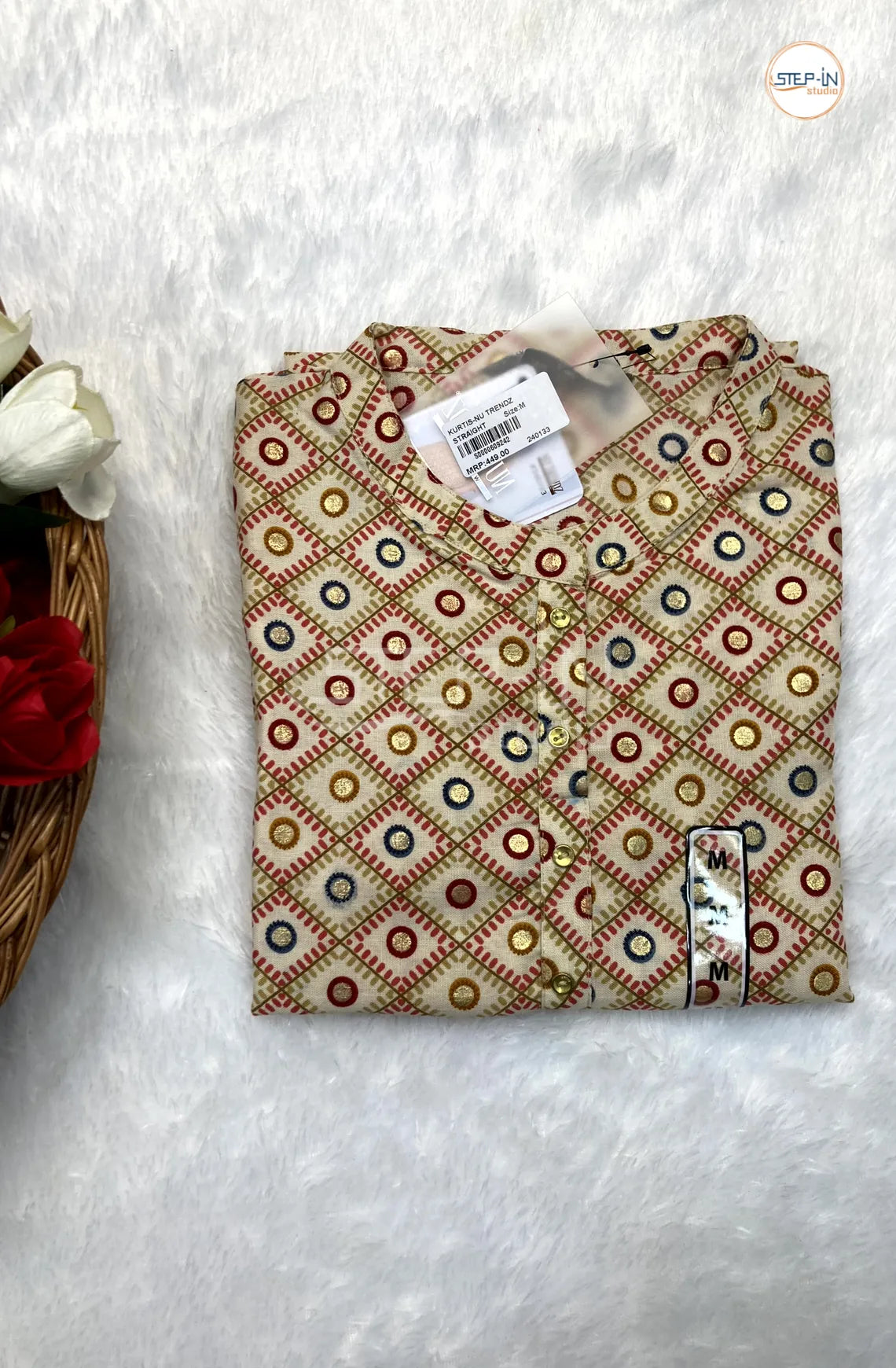 Printed Mandarin Coller Top- Cream White