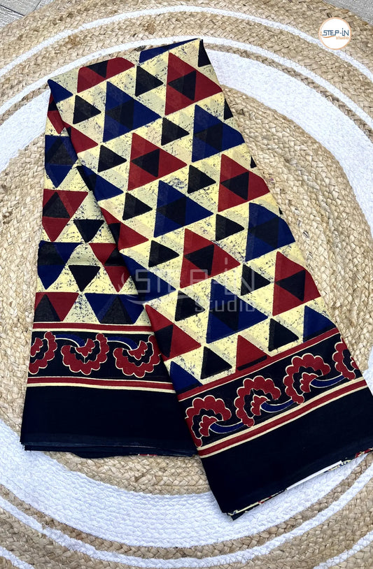 Pure Black & Cream Color Soft Cotton Saree With Geometric Print & Flower Border and Contrast Blouse