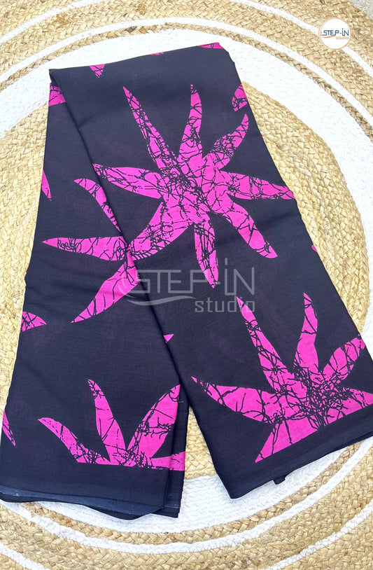 Pure Black & Pink Color Soft Cotton Saree With Flower Print & Plan Border and Contrast Blouse