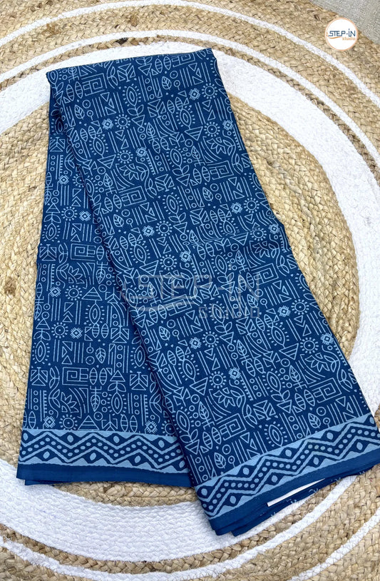 Pure Blue Color Soft Cotton Saree With Batik Print & Chevron Design Border and Self Blouse