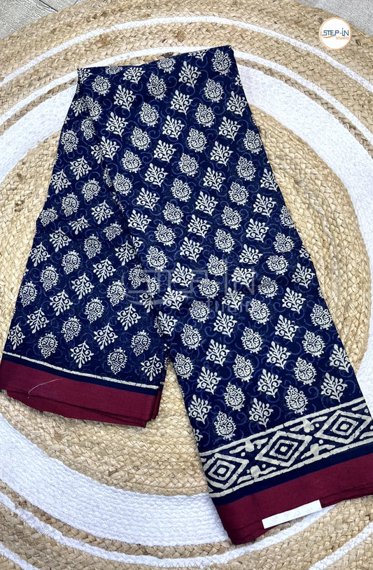 Pure Navy Blue Color Soft Cotton Saree With Retro Print & African Design Contrast Border and Self Blouse