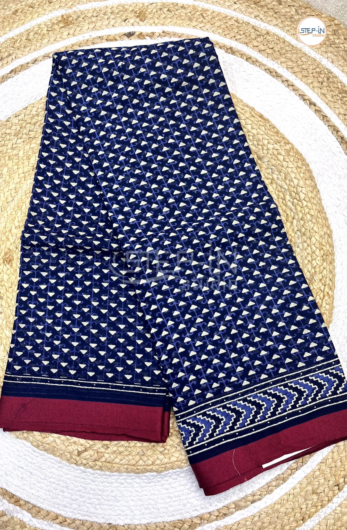 Pure Peacoat Blue Color Soft Cotton Saree With Geometric Print & Chevron Design Contrast Border and Self Blouse