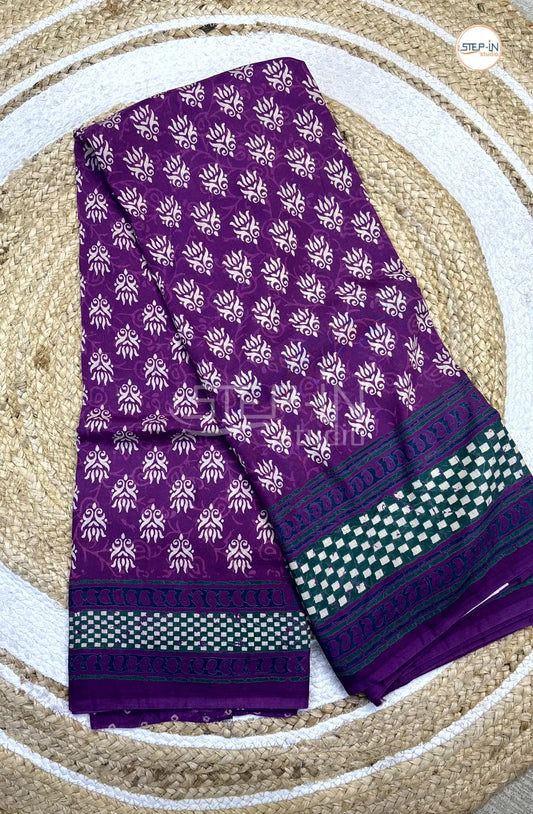 Pure Purple Color Soft Cotton Saree With Damask Print & Gingham Design Contrast Border and Self Blouse