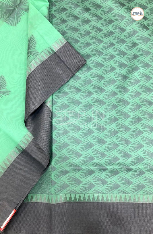 Pure Silk Cotton Saree With Elegant Silver Border - Mint Green & Grey