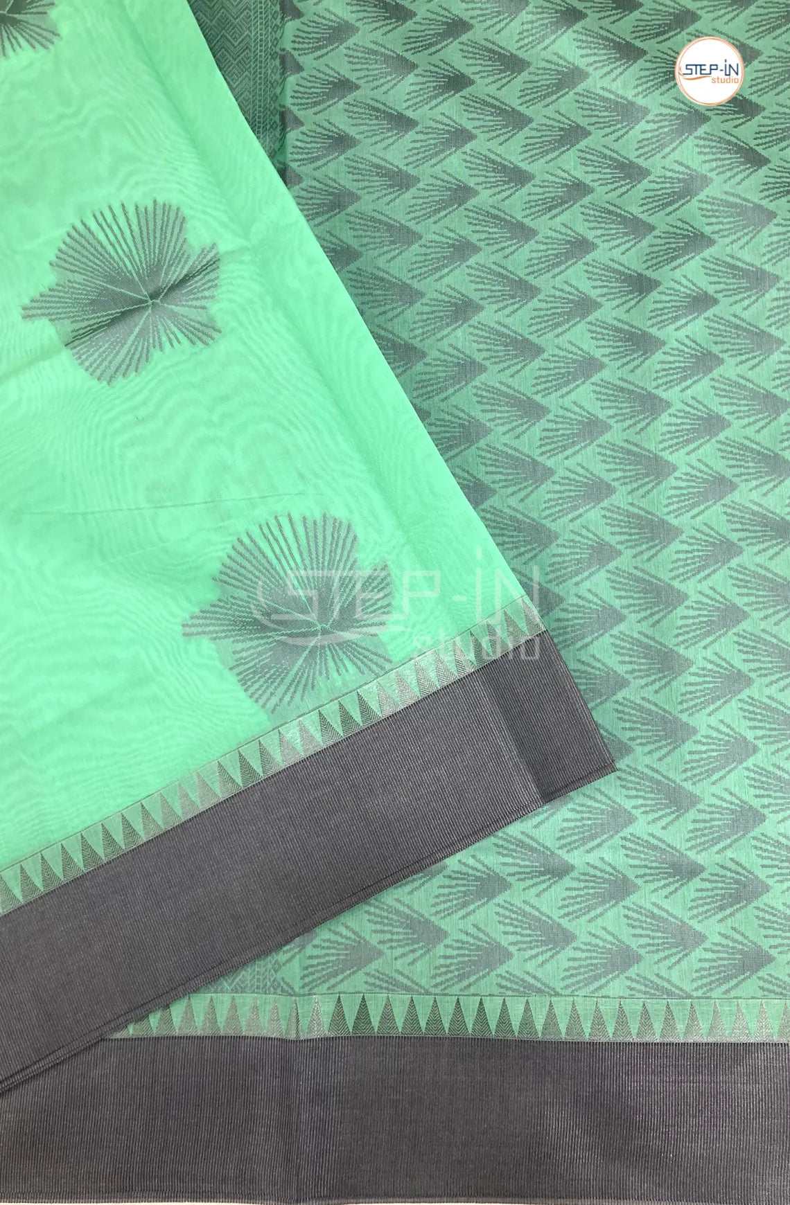 Pure Silk Cotton Saree With Elegant Silver Border - Mint Green & Grey