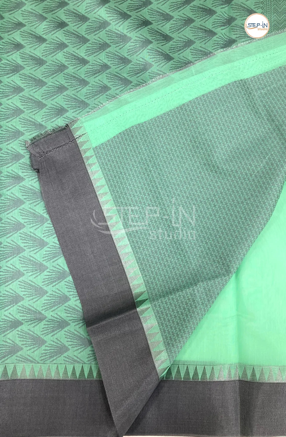 Pure Silk Cotton Saree With Elegant Silver Border - Mint Green & Grey