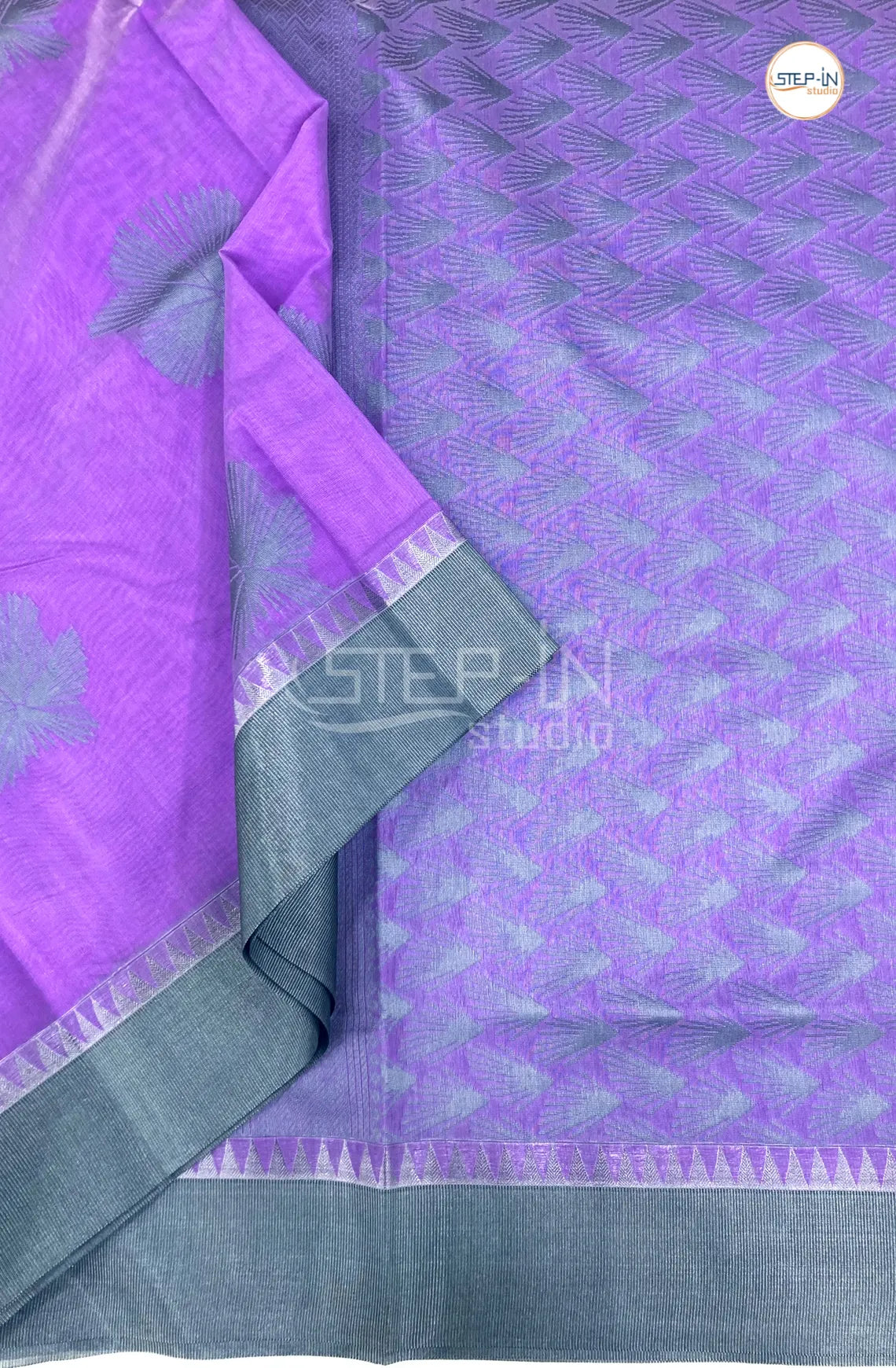 Pure Silk Cotton Saree With Elegant Silver Border - Purple & Grey