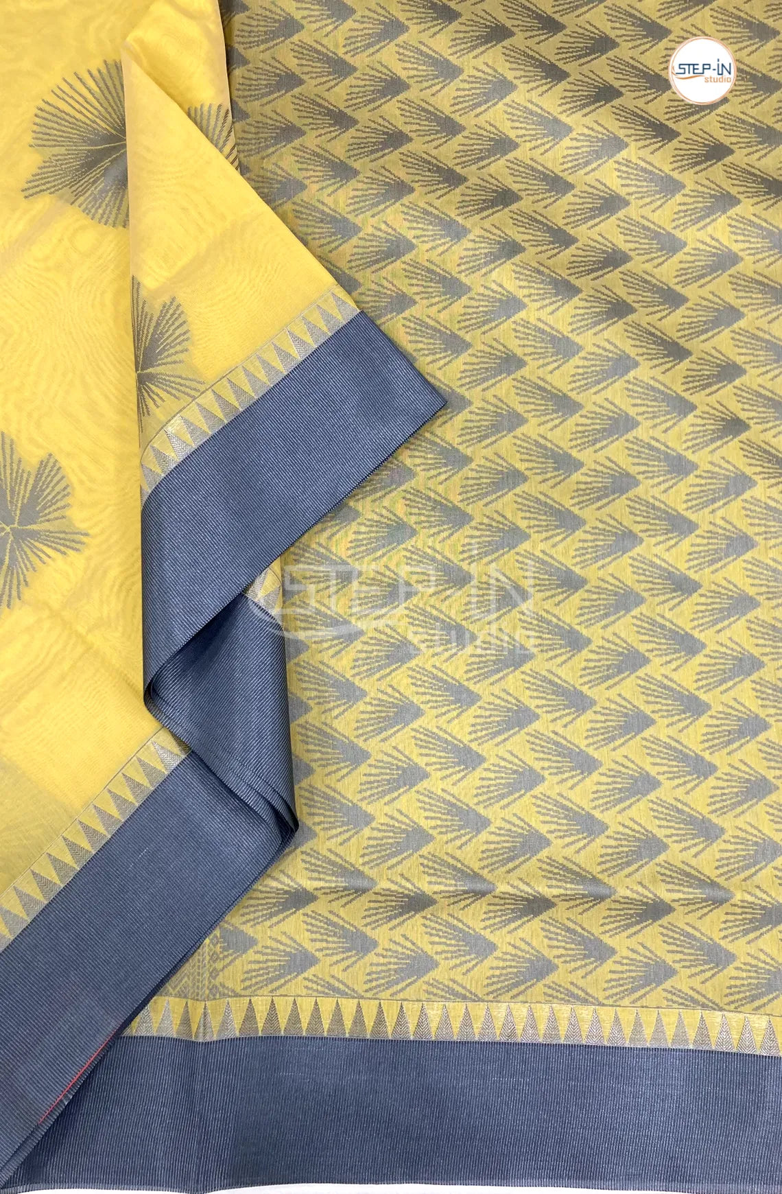 Pure Silk Cotton Saree With Elegant Silver Border - Yellow & Grey