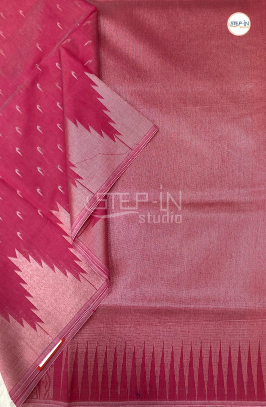 Pure Silk Cotton Saree With Elegant Temple Border - Pink