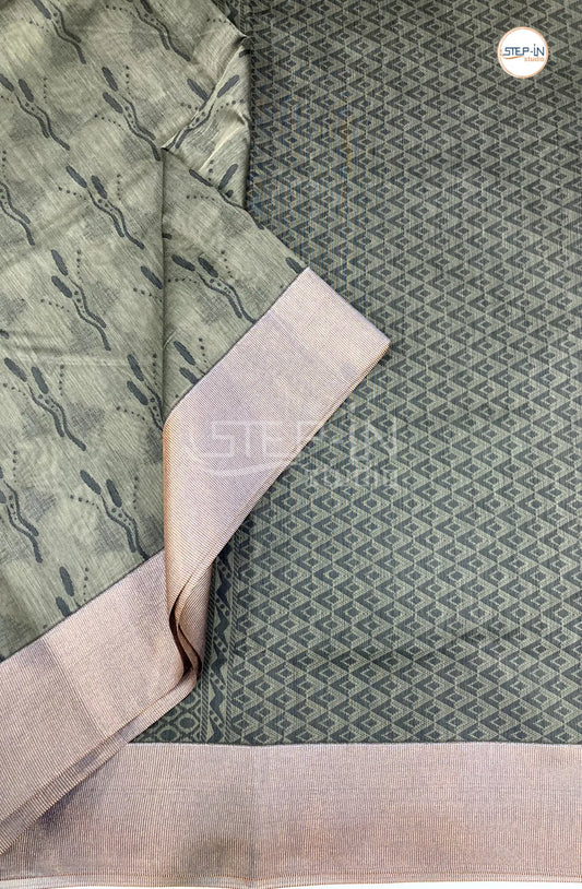 Pure Silk Cotton Saree With Floral Design Body -Green Grey