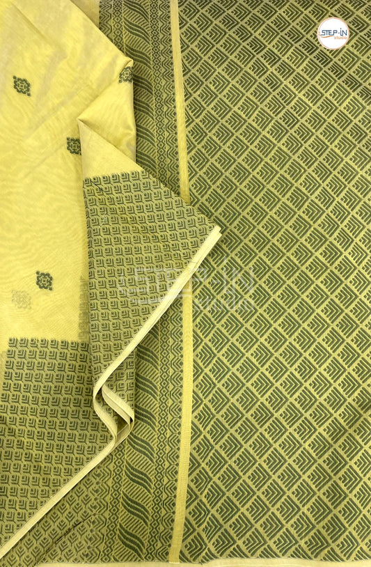 Pure Silk Cotton Saree With Geometric Floral Design Body - Lime Green