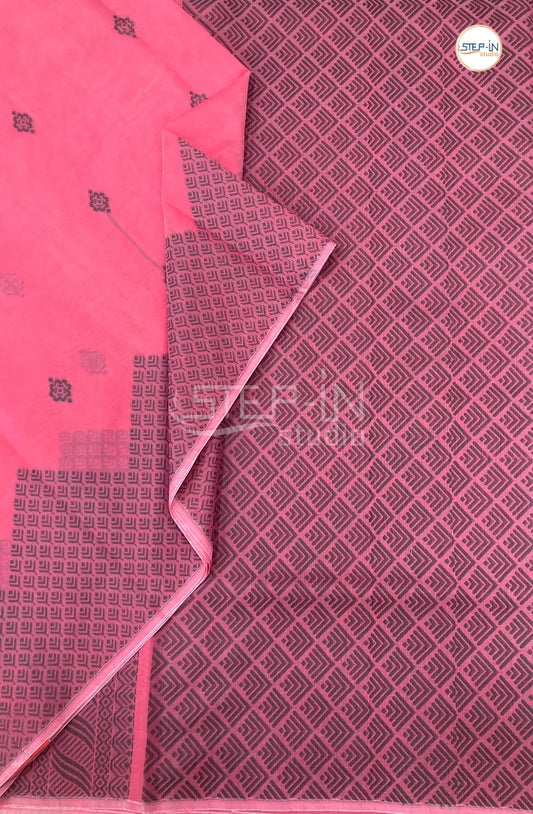 Pure Silk Cotton Saree With Geometric Floral Design Body - Pink