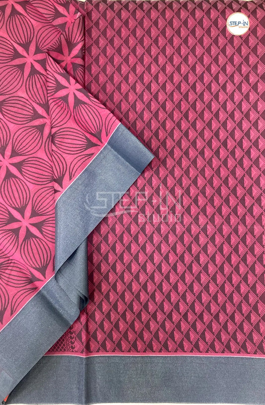 Pure Silk Cotton Saree With Leaf Motif Design Body - Pink & Grey