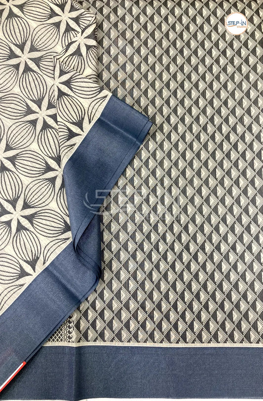 Pure Silk Cotton Saree With Leaf Motif Design Body - White & Grey