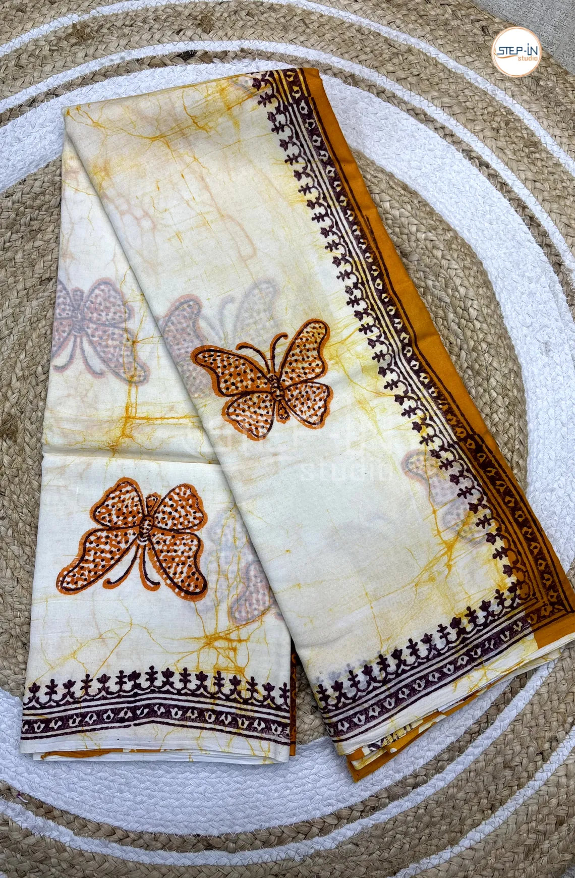 Pure White & Yellow Color Soft Cotton Saree With Butterfly Print & Chevron Design Contrast Border and Contrast Blouse