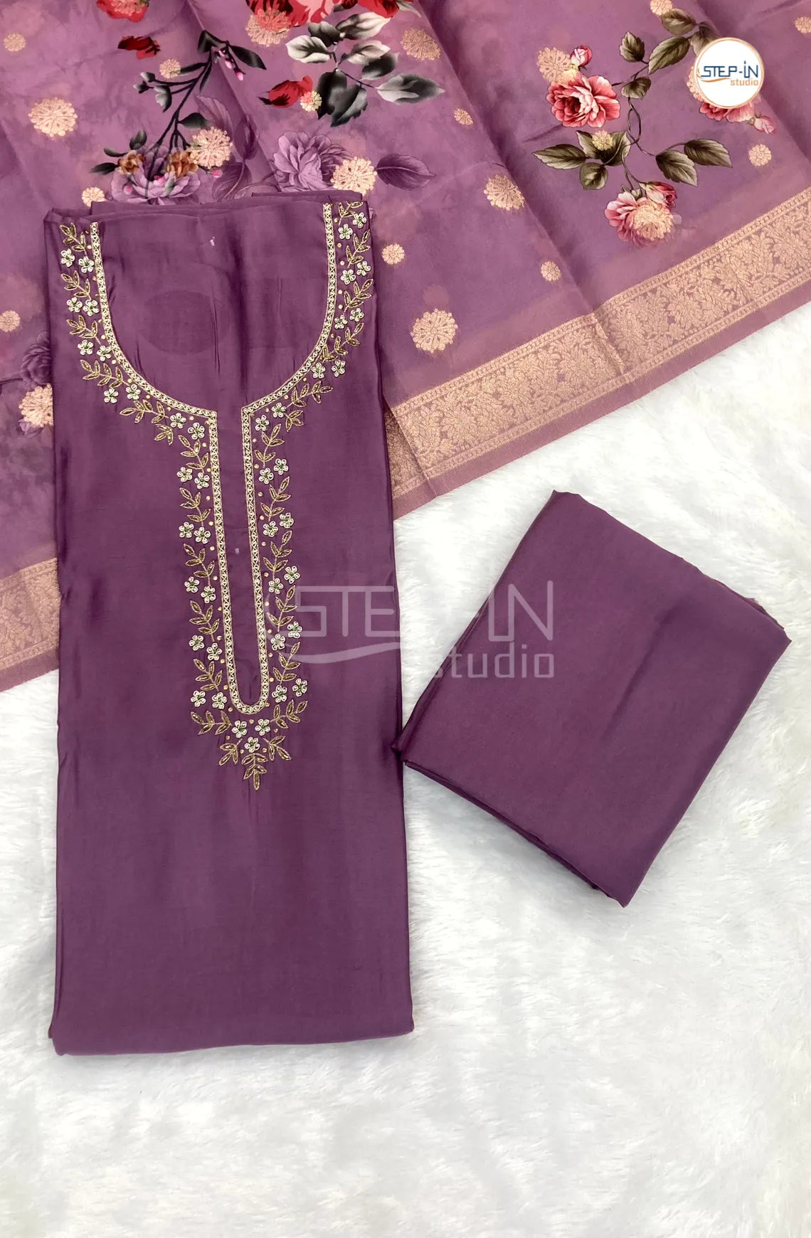 Purple Georgette Neck Stone Work Unstitched Dress Material