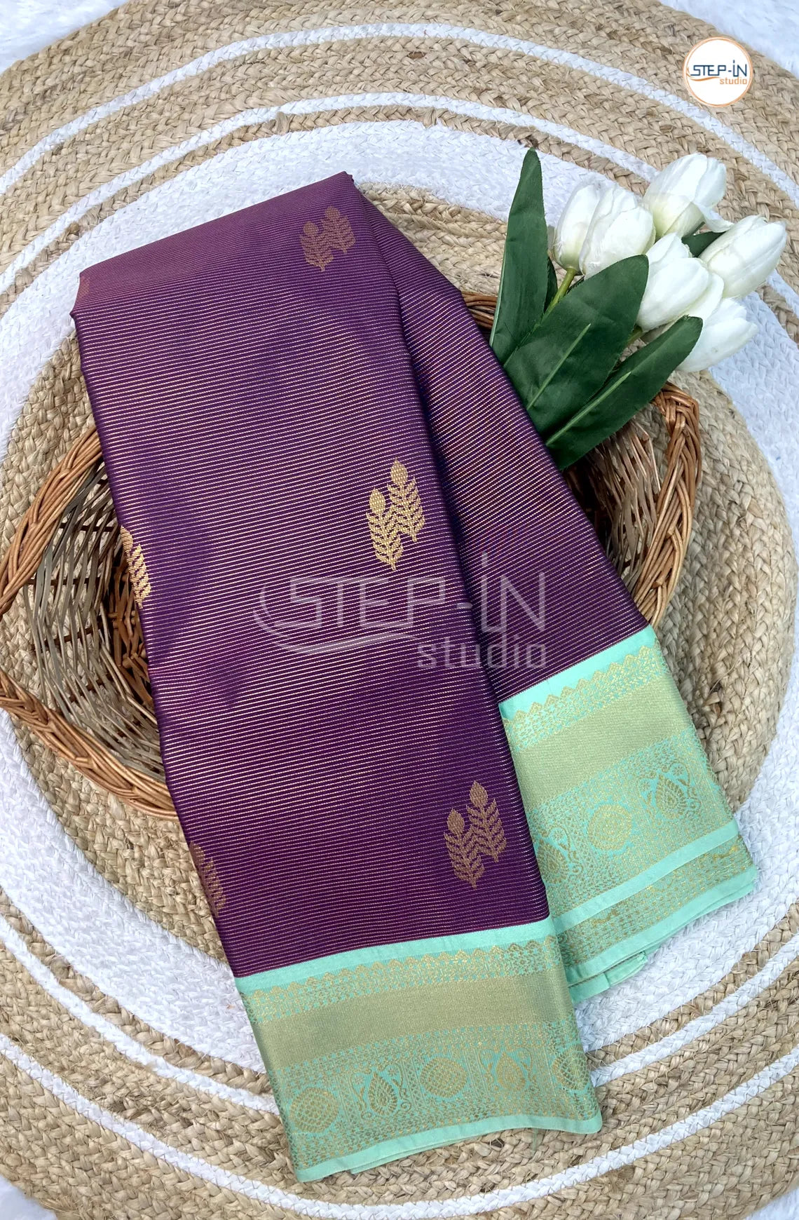 Purple Semi Kanchi Silk Saree With Mint Green Contrast Zari Border